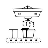 A simple, black and white icon depicts a robotic arm assembly line for boxes vector
