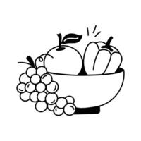 A bowl filled with an apple, bell pepper, and grapes, healthy food design vector