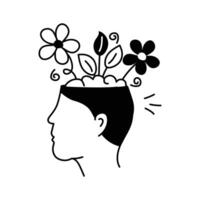An icon of a person head and shoulders in profile, with flowers and leaves growing out of their mind vector