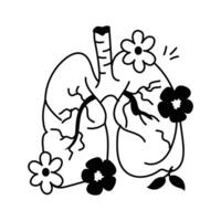 A human lung system, adorned with small, simple flowers, concept icon of clean breath vector