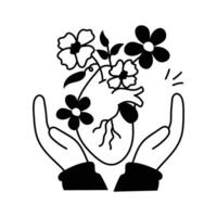 A heart adorned with flowers, held gently in protective hands, concept icon of positivity vector