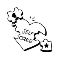 Hand drawn icon of a heart shaped puzzle with the words self care inside vector