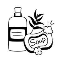 A charming icon drawing of a bottle of lotion, liquid soap and a bar of soap vector