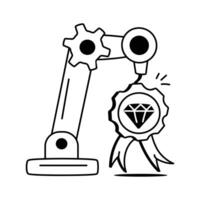 A robot arm holding a medal with a diamond, concept icon of superior factory performance vector