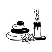 A peaceful spa day scene, featuring a stack of smooth stones, a lit candle with smoke, and leaves. vector