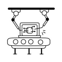 A stylized illustration of a futuristic automated system assembling a circuit board vector