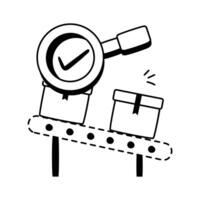 Packages moving on a conveyor belt, being inspected with a magnifying glass, concept icon of checking vector