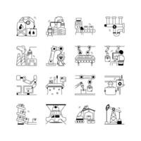 This set of icons depicts various aspects of modern industrial automation and manufacturing processes vector