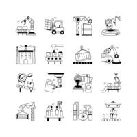 A collection of simple, black and white icons depicting various stages of an automated manufacturing process vector