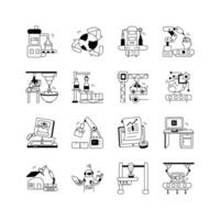 This set of black and white line icons depicts various aspects of modern manufacturing and technology vector