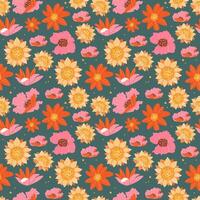 Floral seamless pattern with daisies, sunflowers, poppies on a dark background vector