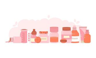 Horizontal banner with tablets. Elements on the topic of pharmacology vector