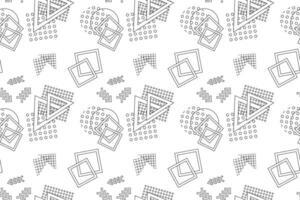 Black-and-white seamless pattern with geometric shapes, including triangles, squares, arrows, and circles. Designed for children s coloring pages or abstract-themed designs. vector