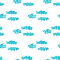 Hand-drawn seamless pattern of blue clouds on a white background, ideal for childrens designs and playful projects. vector