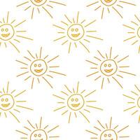 Hand-drawn seamless pattern of smiling suns with orange rays on a white background, perfect for cheerful designs. vector