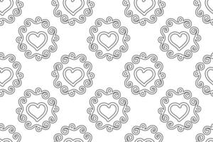 Black and white seamless pattern featuring hearts in decorative frames with swirls. Ideal for coloring pages and crafts. vector