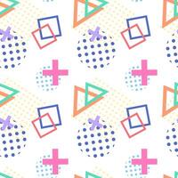 Colorful seamless pattern featuring geometric shapes such as triangles, squares, crosses, and dotted circles in vibrant tones. vector