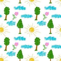 Seamless pattern featuring doodle-style trees, clouds, sun, and flowers in a colorful nature-themed design. vector