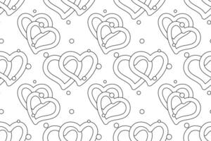 Black-and-white seamless pattern featuring intertwined hearts and scattered dots. Ideal for children s coloring activities or romantic-themed projects. vector