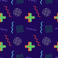 Vibrant seamless geometric pattern featuring colorful crosses, dots, zigzag lines, and abstract shapes on a dark background. vector