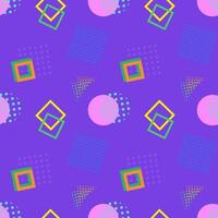 Colorful seamless pattern featuring geometric shapes like squares, circles, triangles, and dots on a bold purple background. Perfect for wallpapers, textiles, graphic designs, and modern backgrounds. vector