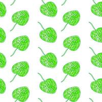 A seamless pattern featuring hand-drawn green heart-shaped leaves with sketched details on a white background. vector