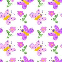 Vibrant seamless pattern featuring hand-drawn pink butterflies and flowers, ideal for playful and cheerful designs. vector