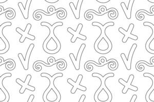 Black and white seamless pattern featuring crosses, swirls, loops, and abstract shapes. Ideal for coloring pages and design projects. vector
