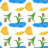 Colorful seamless pattern featuring hand-drawn ponds, golden fish, reeds, and cattails on a white background. vector