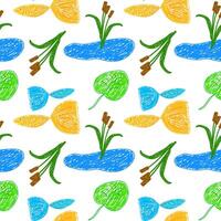 Seamless pattern of hand-drawn ponds, fish, cattails, and water lilies in a colorful, playful design. vector