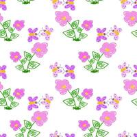 Cheerful seamless pattern featuring hand-drawn pink flowers and colorful butterflies on a white background. vector