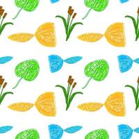 Playful seamless pattern featuring colorful fish, green lily pads, and cattails in a whimsical hand-drawn style. vector