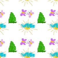 Cheerful seamless pattern featuring green trees, flying butterflies, bright suns, and fluffy clouds on white. vector