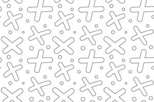 Seamless black and white pattern featuring bold plus signs and scattered confetti dots, ideal for coloring pages and backgrounds. vector
