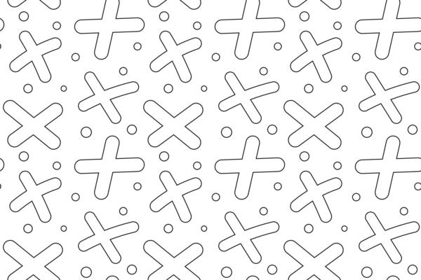 Seamless black and white pattern featuring bold plus signs and scattered confetti dots, ideal for coloring pages and backgrounds.