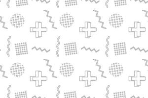 Black and white seamless pattern featuring geometric shapes like crosses, circles, squiggles, and dots. Ideal for coloring pages. vector