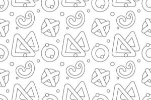 Seamless black and white geometric pattern featuring triangles, circles, crosses, and swirls, ideal for coloring pages and backgrounds. vector