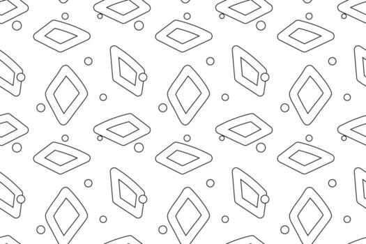 Black and white seamless pattern featuring abstract diamond shapes and scattered dots, perfect as a childrens coloring page or background design. vector