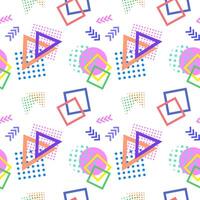 Vibrant seamless pattern featuring colorful geometric shapes, including triangles, squares, circles, arrows, and dotted accents. Perfect for modern backgrounds, creative designs, or fabric prints. vector