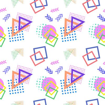 Vibrant seamless pattern featuring colorful geometric shapes, including triangles, squares, circles, arrows, and dotted accents. Perfect for modern backgrounds, creative designs, or fabric prints.