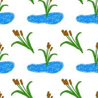 Playful hand-drawn seamless pattern featuring blue ponds and green cattails on a white background. vector