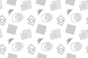 Minimalistic black-and-white seamless pattern featuring geometric shapes like squares, circles, and dots. Perfect for coloring pages, children s activities, or abstract design projects. vector