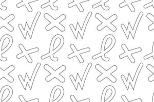 Black-and-white seamless pattern featuring abstract symbols like Xs, Ws, loops, and decorative lines. vector