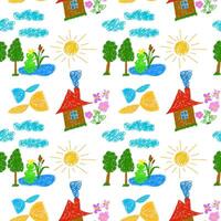 Seamless pattern of a playful hand-drawn landscape featuring a pond with a frog, fish, trees, flowers, houses, and clouds. vector