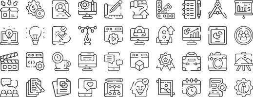 Set of line icons related to creativity, idea, innovation, teamwork, invention. Outline icon collection. Editable stroke. vector