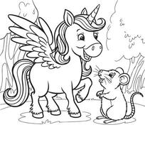 Whimsical Winged Unicorn and Rat Coloring Page in a Forest Scene vector