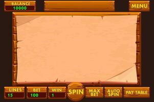 The wooden game user interface is cartoon-style with basic buttons for your Game development. Casino slot machine game UI design. Gambling mobile app concept for the Casino or 2D Game vector