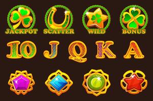 St Patrick day symbols for your game or slots machine. Standard symbols,Wild symbol,Bonus symbol,Scatter symbol, Jackpot symbol and Playing card symbols vector