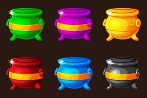 Empty colored cauldrons, traditional symbol of St Patrick Day or Halloween in cartoon style. Cauldrons icons for game icon, slot symbol, greeting card, sticker or print vector