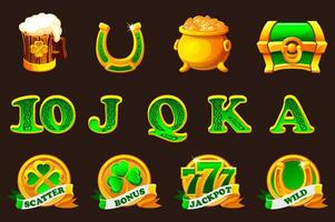 St Patrick day symbols for your game or slots machine. Standard symbols,Wild symbol,Bonus symbol,Scatter symbol, Playing card symbols vector